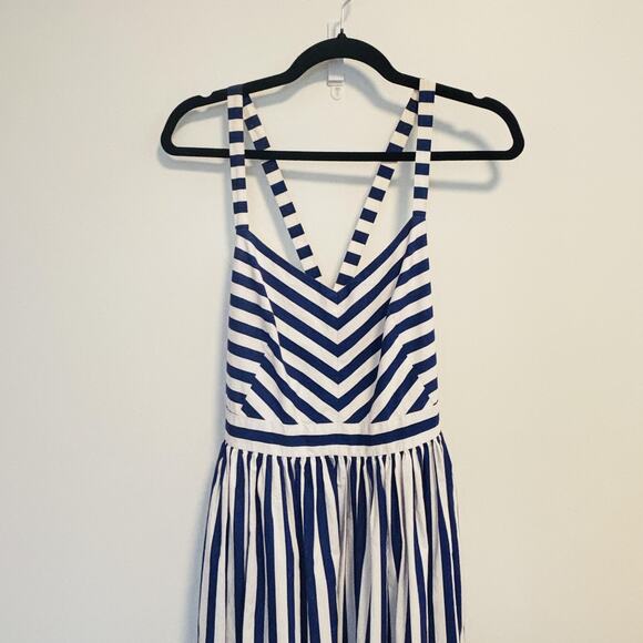 J Crew Dress Womens 2 Blue White Maxi Cross Back Ruffle Hem Summer Striped - Picture 2 of 14